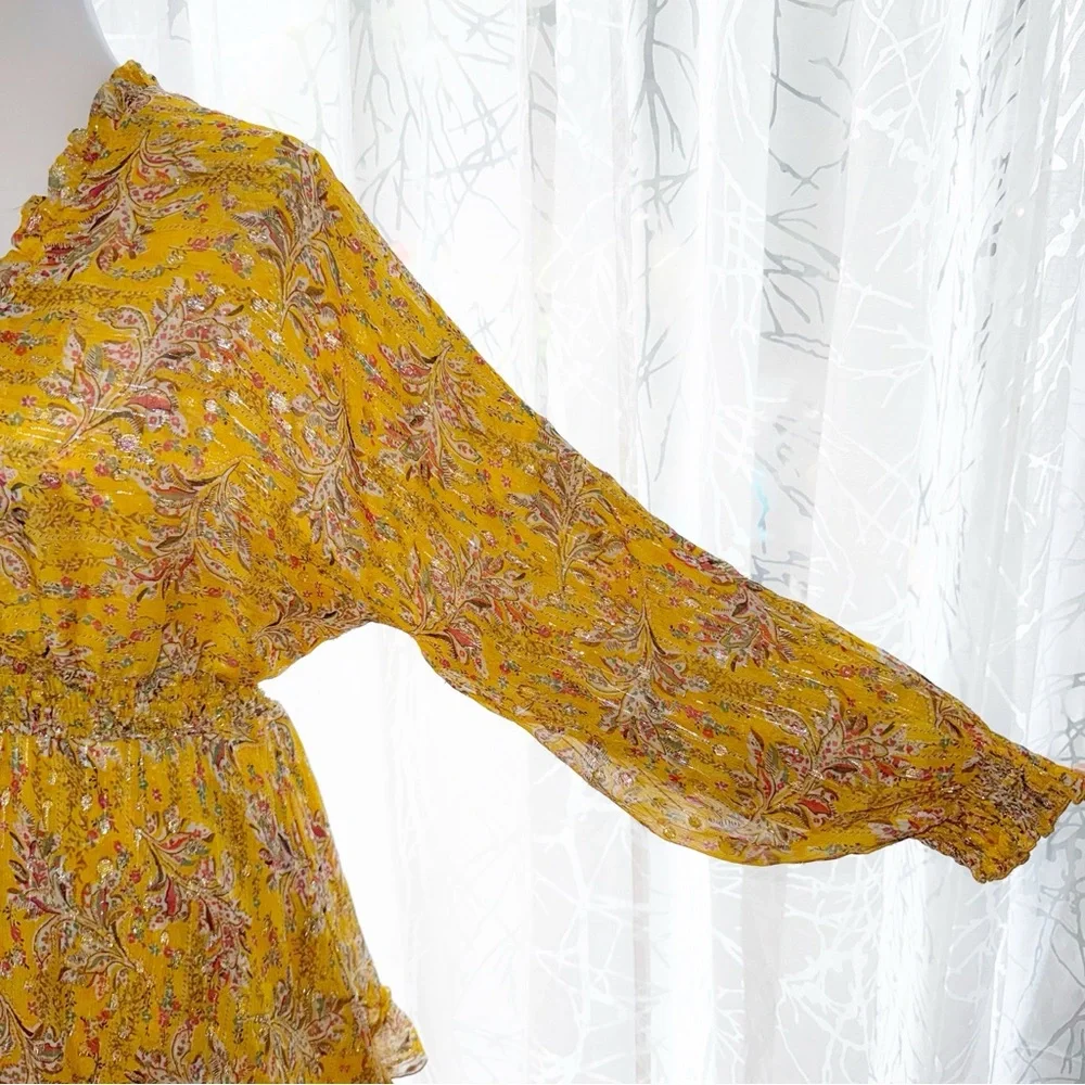 THE KOOPLES FEUILLE D’OR SILK FLORAL METALLIC GOLD YELLOW LONG SLEEVE MINI DRESS - Picture 3 of 15